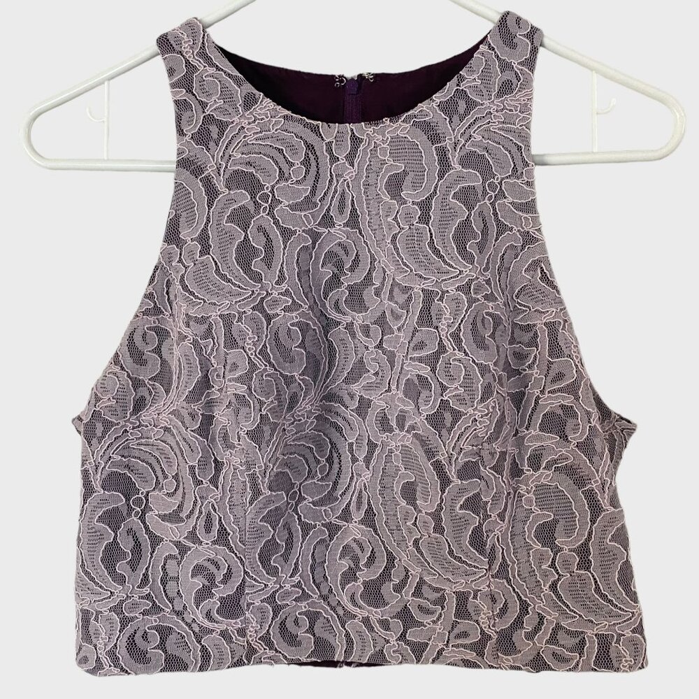 The Dessy Collection Purple Floral Lace High-Neck Crop Top Women's Size 8